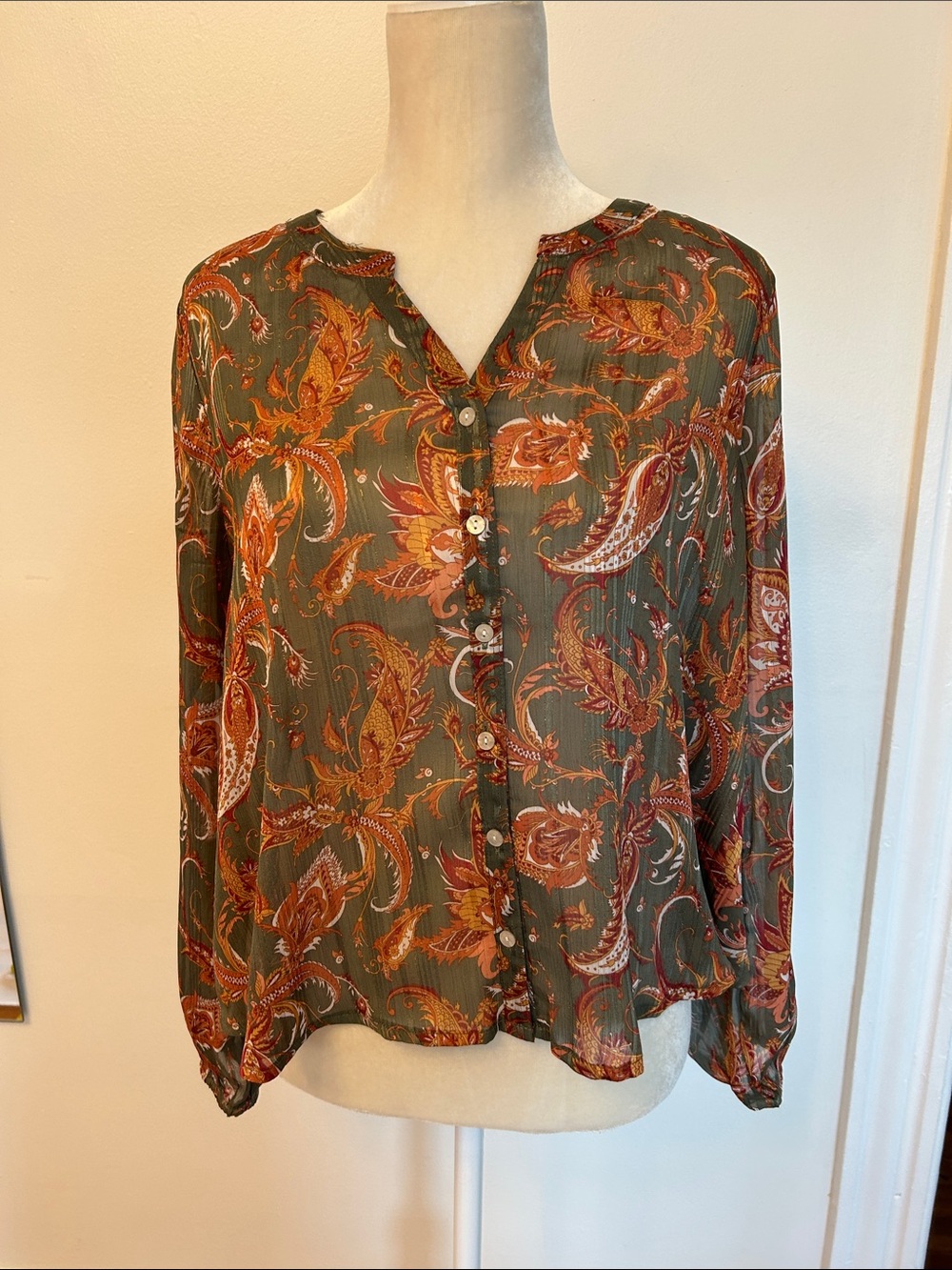 Frye Olive Green Paisley Button-Front Blouse with Rust Accents